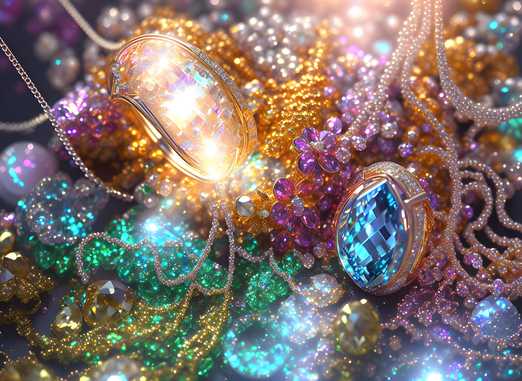 Multicolored Gemstones and Jewelry on Bokeh Background