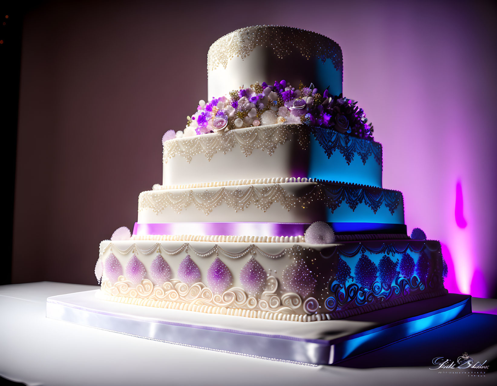 Intricate Purple and Silver Fondant Cake with Flowers