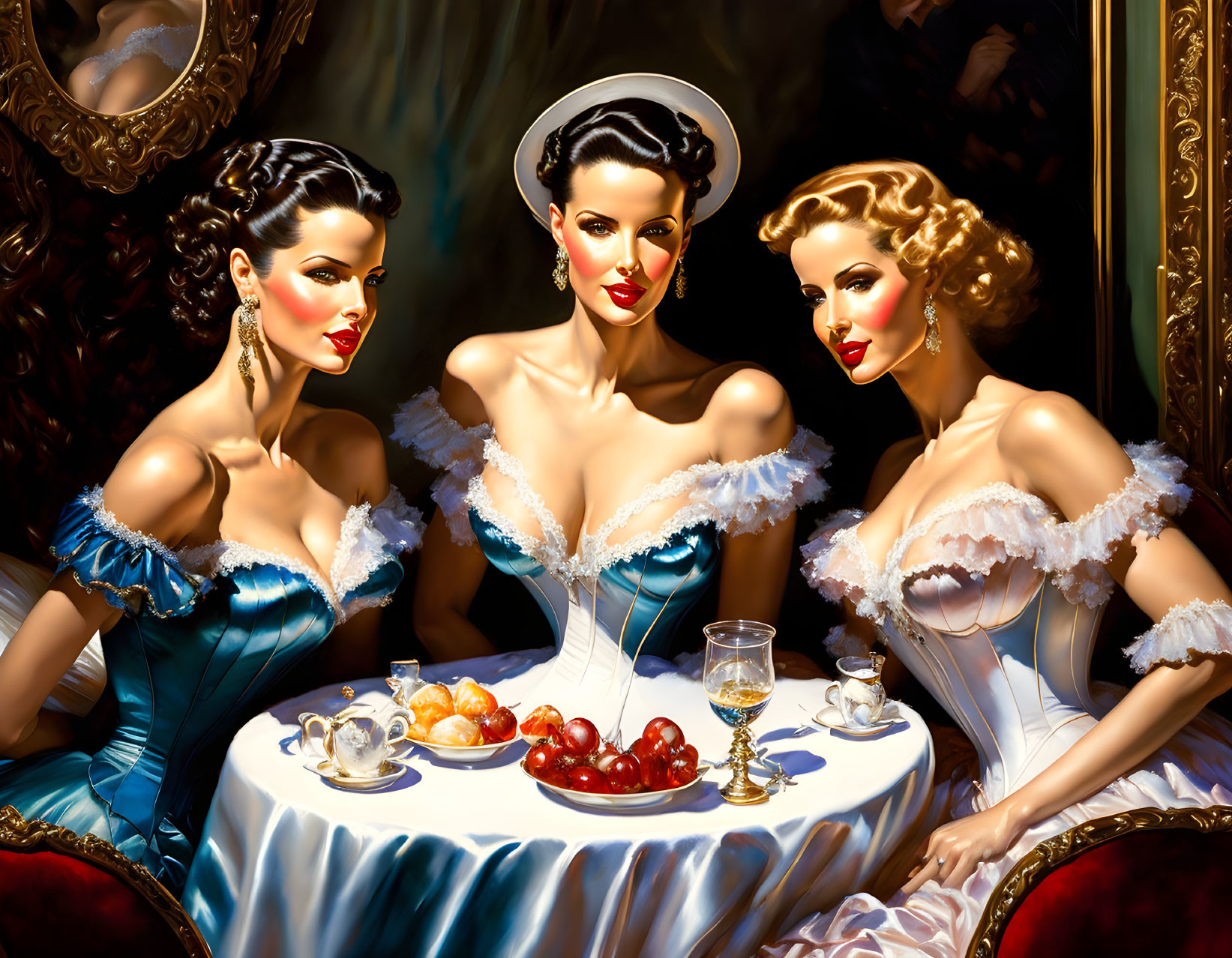 Vintage Glamorous Women Dining with Fruits and Wine