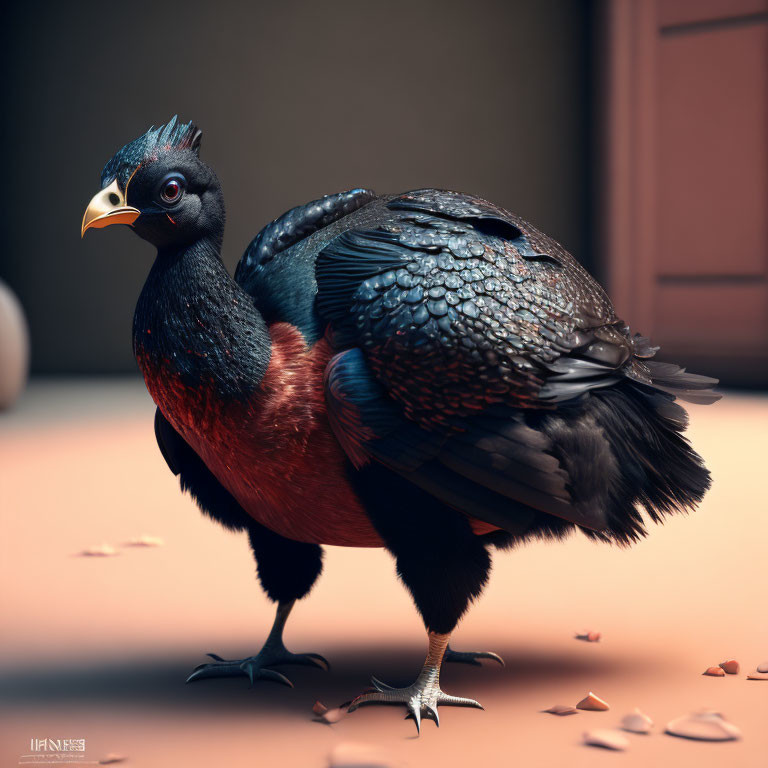 Colorful Bird with Dark Blue Head and Glossy Plumage Among Scattered Leaves