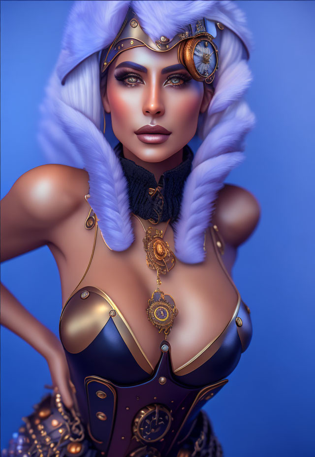 Fantasy portrait of woman with violet hair and steampunk-inspired accessories