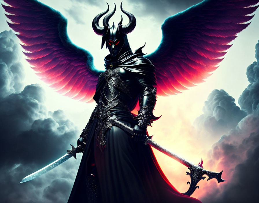 Dark Fantasy Figure with Red Wings and Sword Against Cloudy Sky