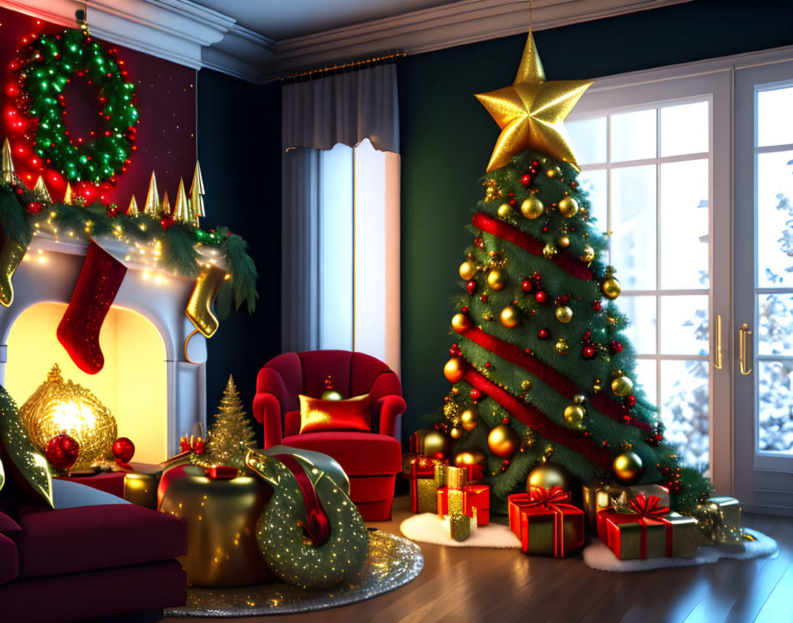 Festive Christmas interior with decorated tree, gifts, fireplace, red armchair, and snowy view