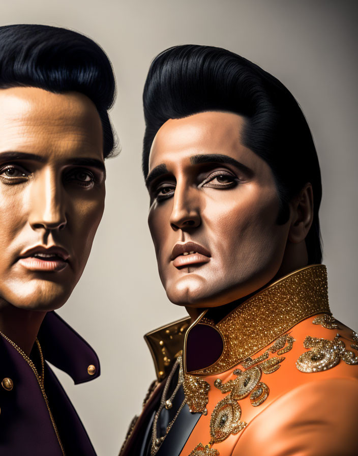 Stylized Elvis Presley Figures in Iconic Costumes and Pompadour Hairstyles