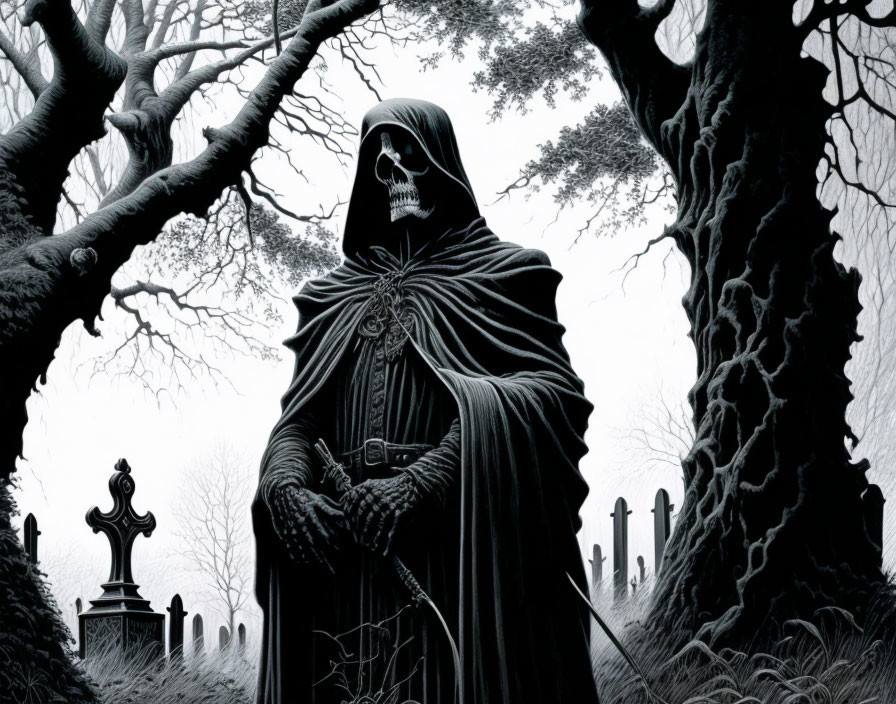 Skeleton in Cloak Stands in Gloomy Cemetery