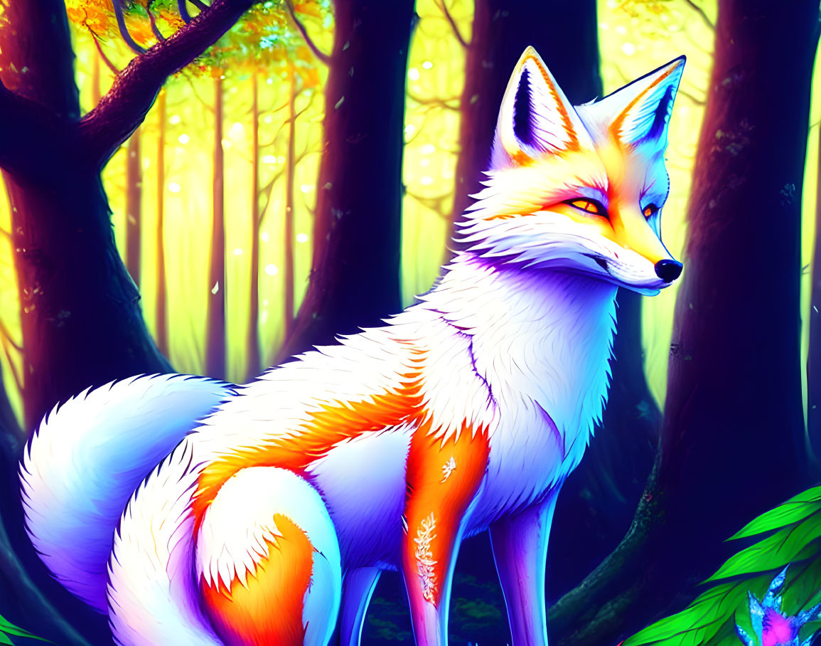 Colorful Forest Scene: Orange and White Fox in Vibrant Digital Illustration