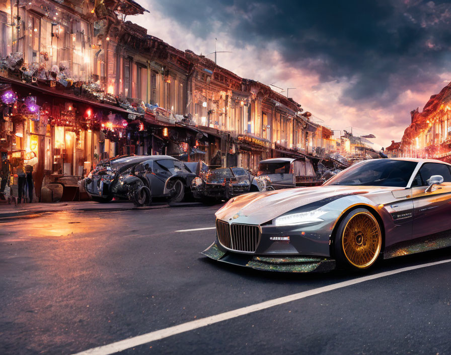 Luxury Cars Parked on Busy City Street at Dusk