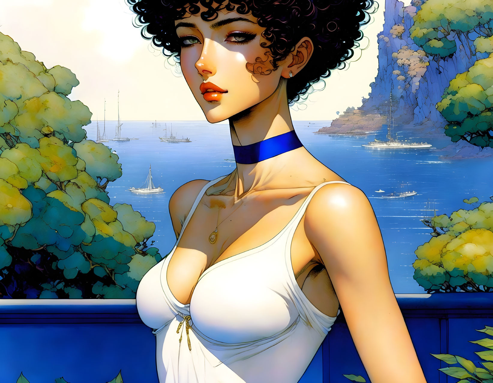 Curly-haired woman in white dress with choker against scenic backdrop