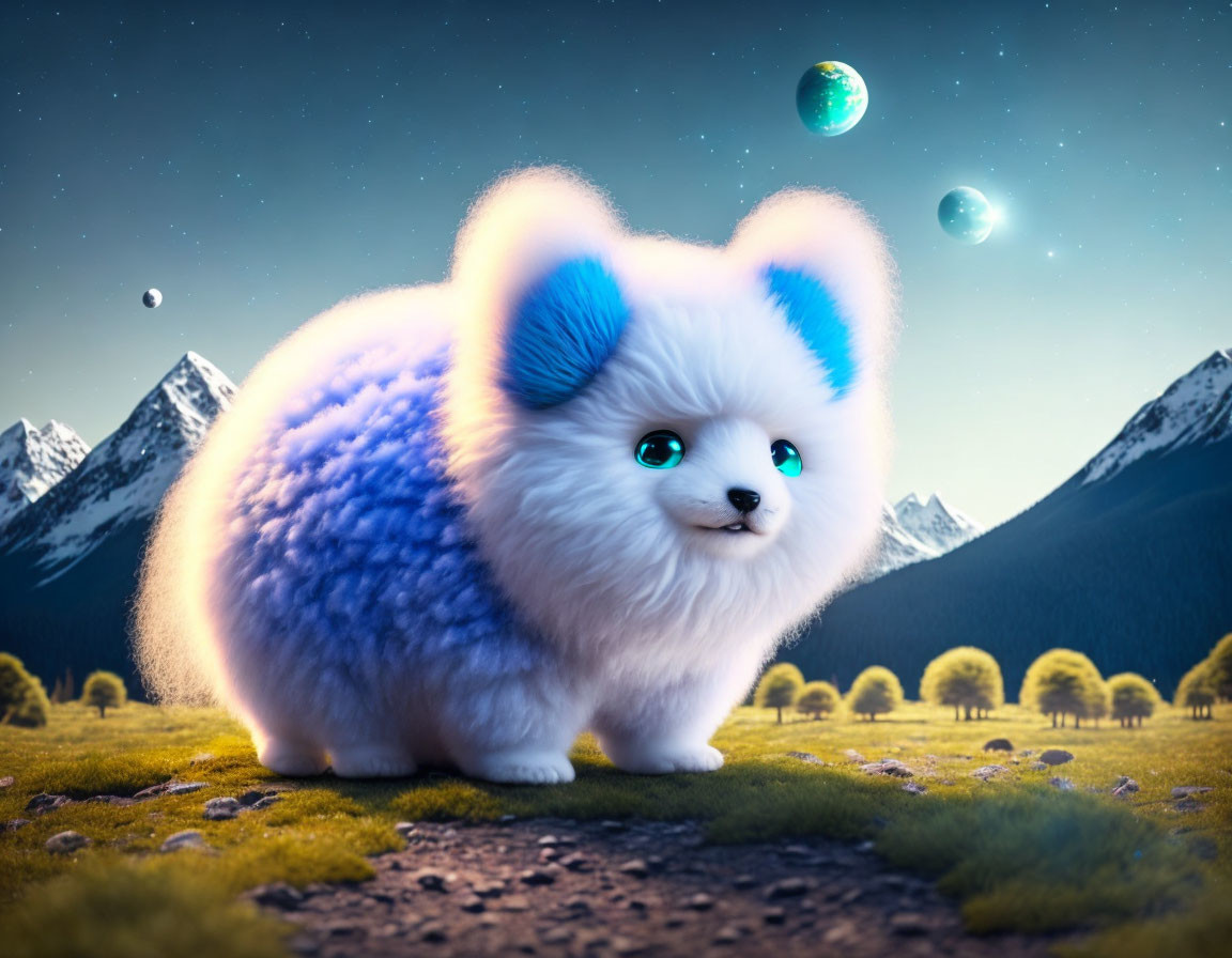 Fluffy white and blue dog-like creature in surreal landscape