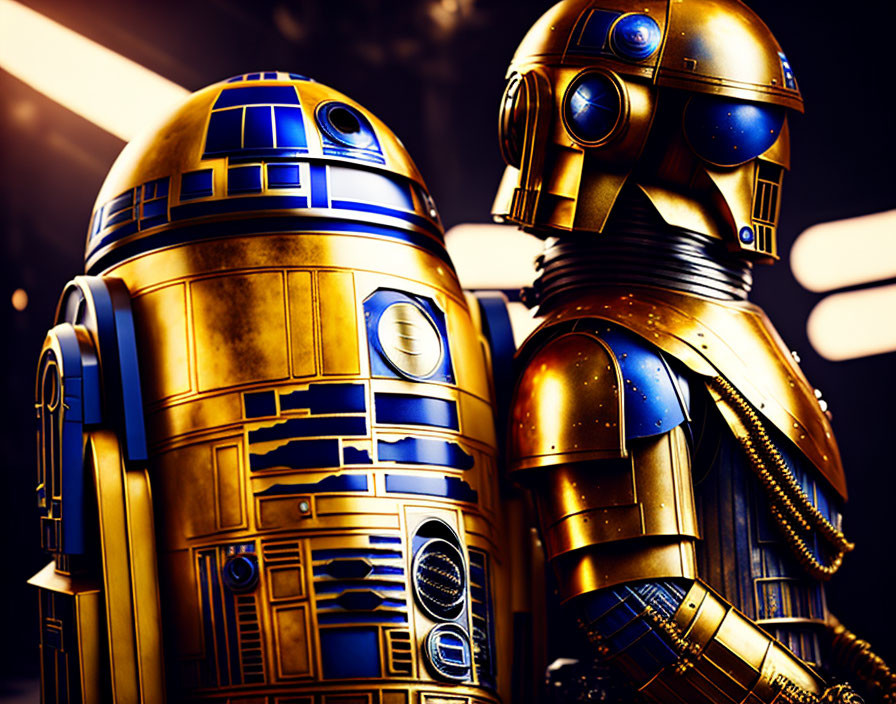 Iconic Star Wars droids R2-D2 and C-3PO together under dramatic lighting