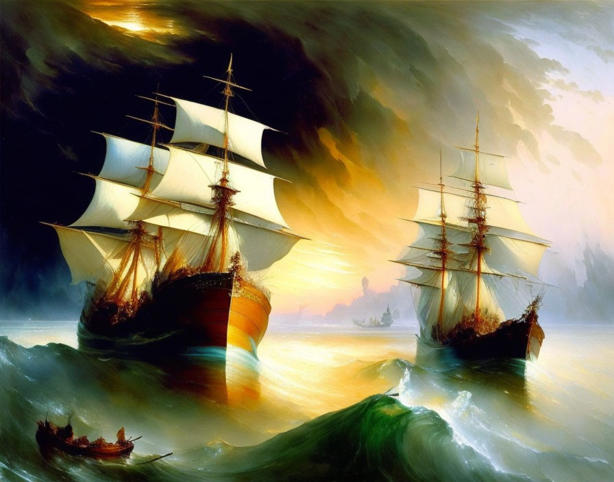 Majestic sailing ships on rolling sea waves under dramatic sky