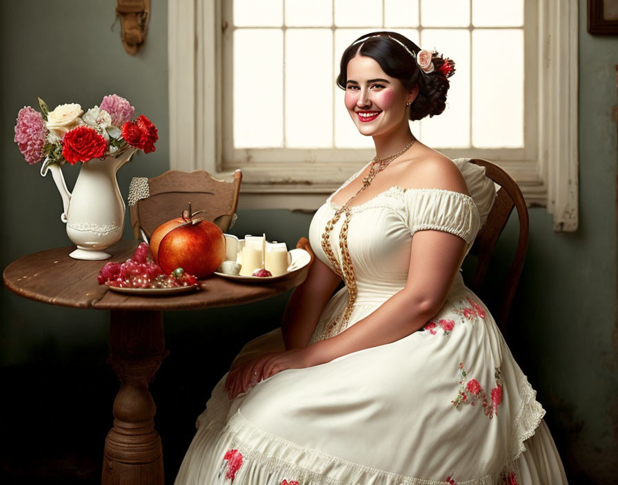 Vintage white dress woman sitting beside floral table decor.