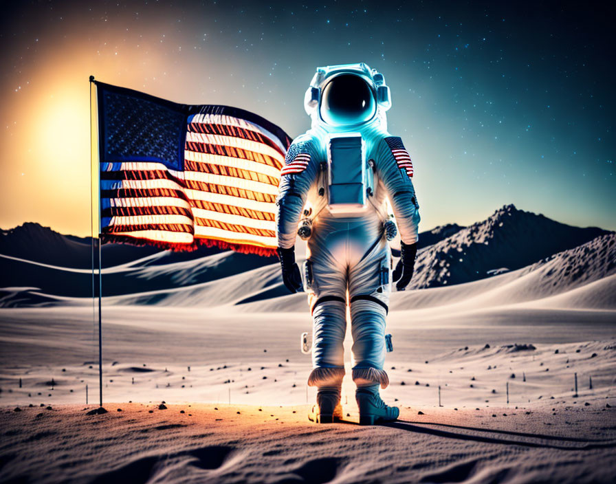 Astronaut in white space suit by American flag on snowy mountain landscape