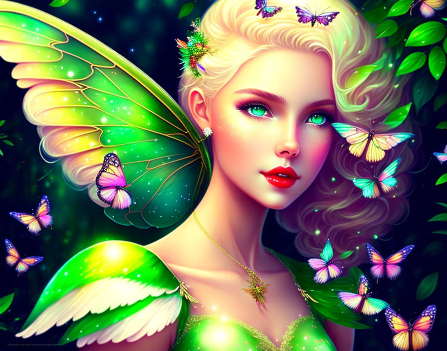 Fantasy female character with butterfly wings in lush greenery