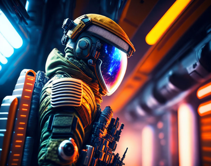 Futuristic astronaut in reflective helmet visor with nebula background in neon-lit spaceship.