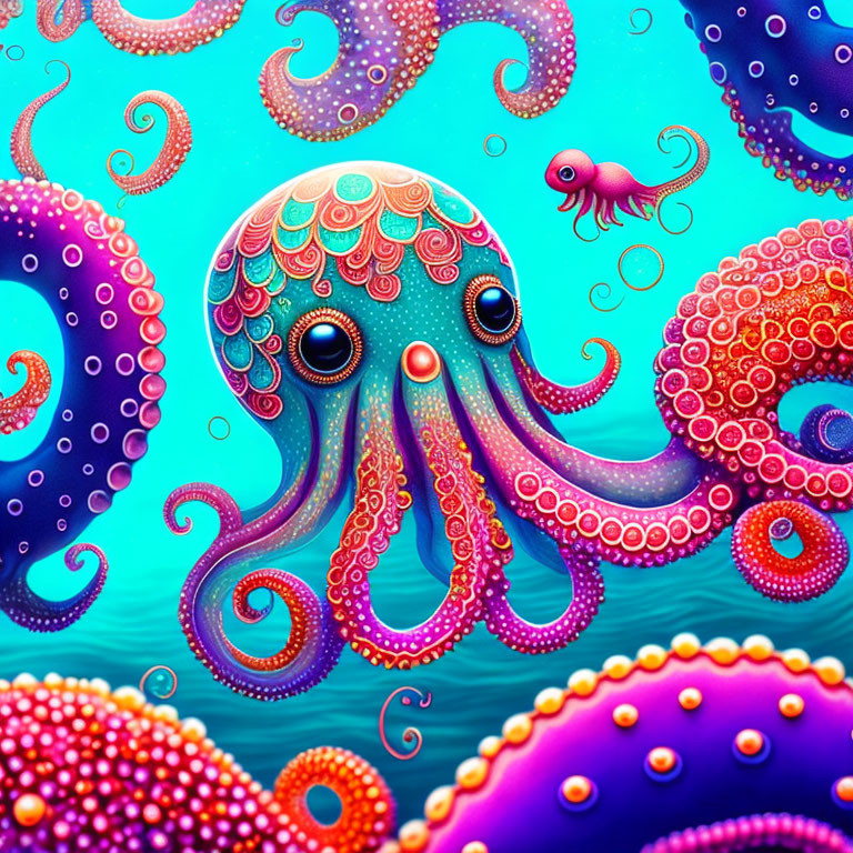 Colorful Pink Octopus Illustration Surrounded by Purple Octopuses in Underwater Scene