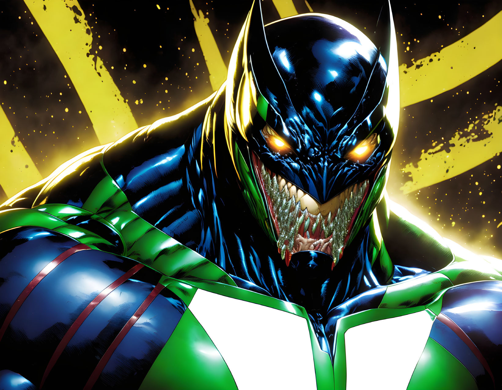 Menacing character in blue and black suit with sharp teeth and glowing eyes on yellow striped background