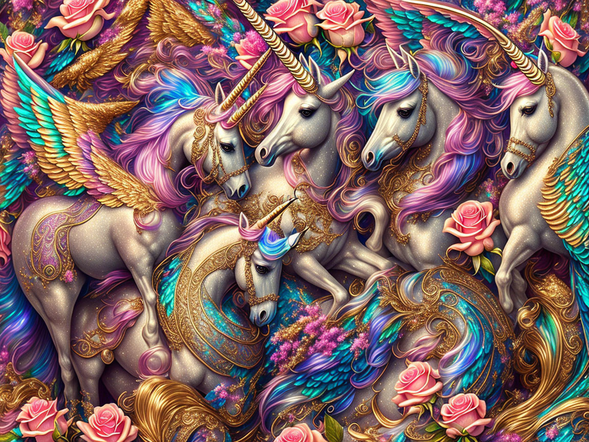 Ornate unicorn fantasy illustration with roses and golden details