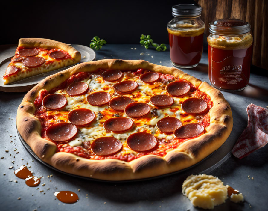 Two pepperoni pizzas on dark table with sliced one, golden crust, jars of tomato sauce, cheese