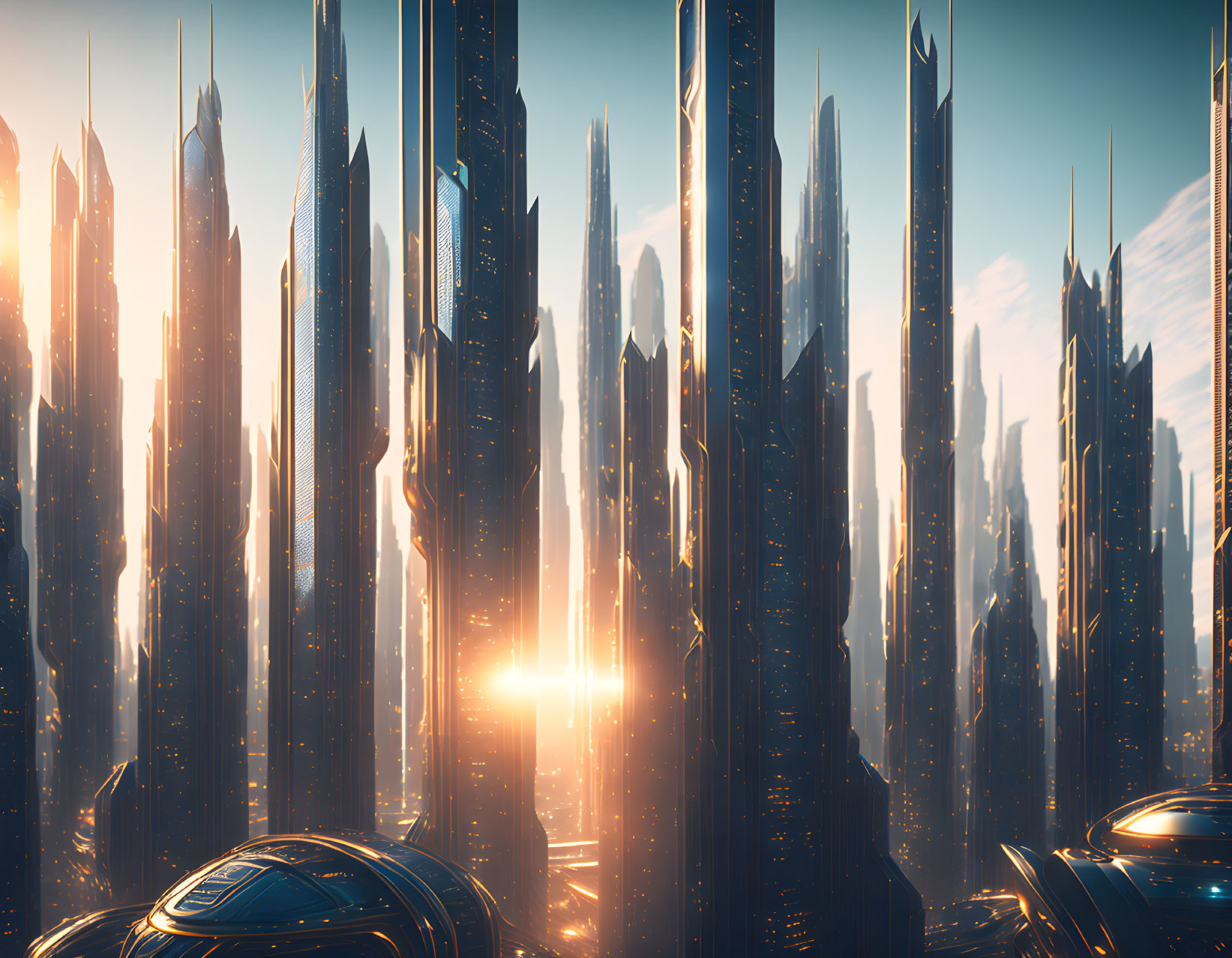 Futuristic cityscape with towering skyscrapers at sunset