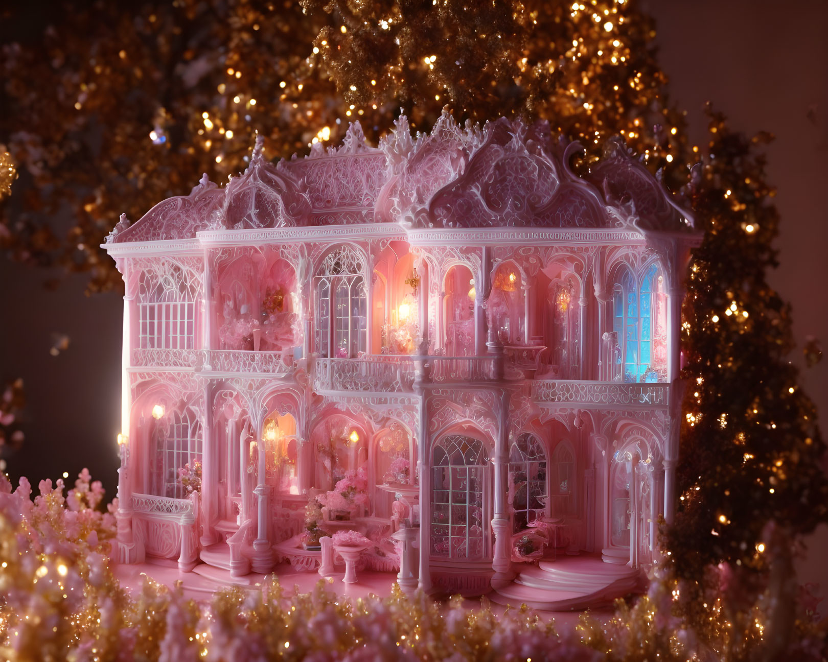 Detailed Pink Dollhouse with Glowing Lights and Golden Twinkling Background