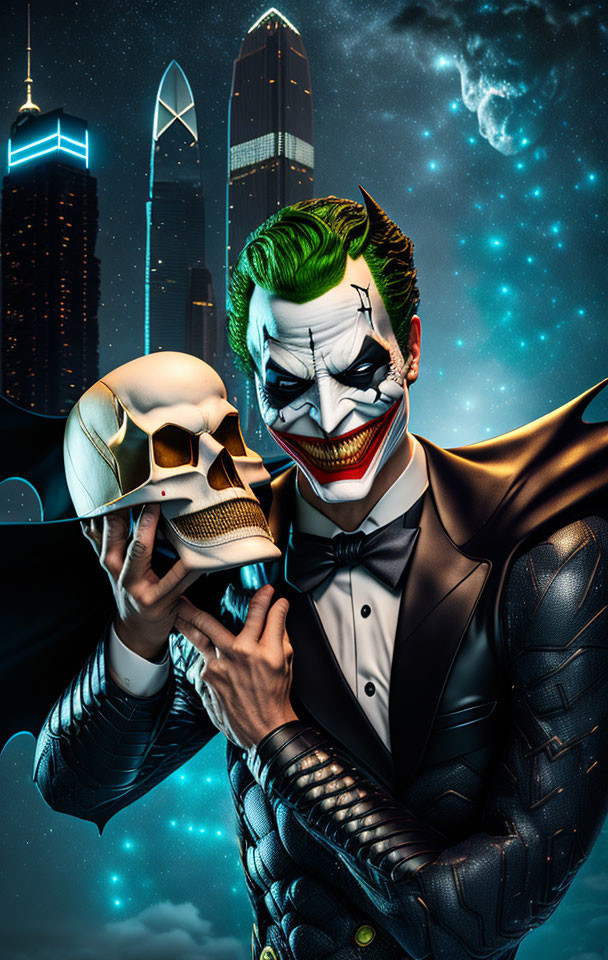 Cosmic-themed Joker artwork with skyscrapers and mask holder