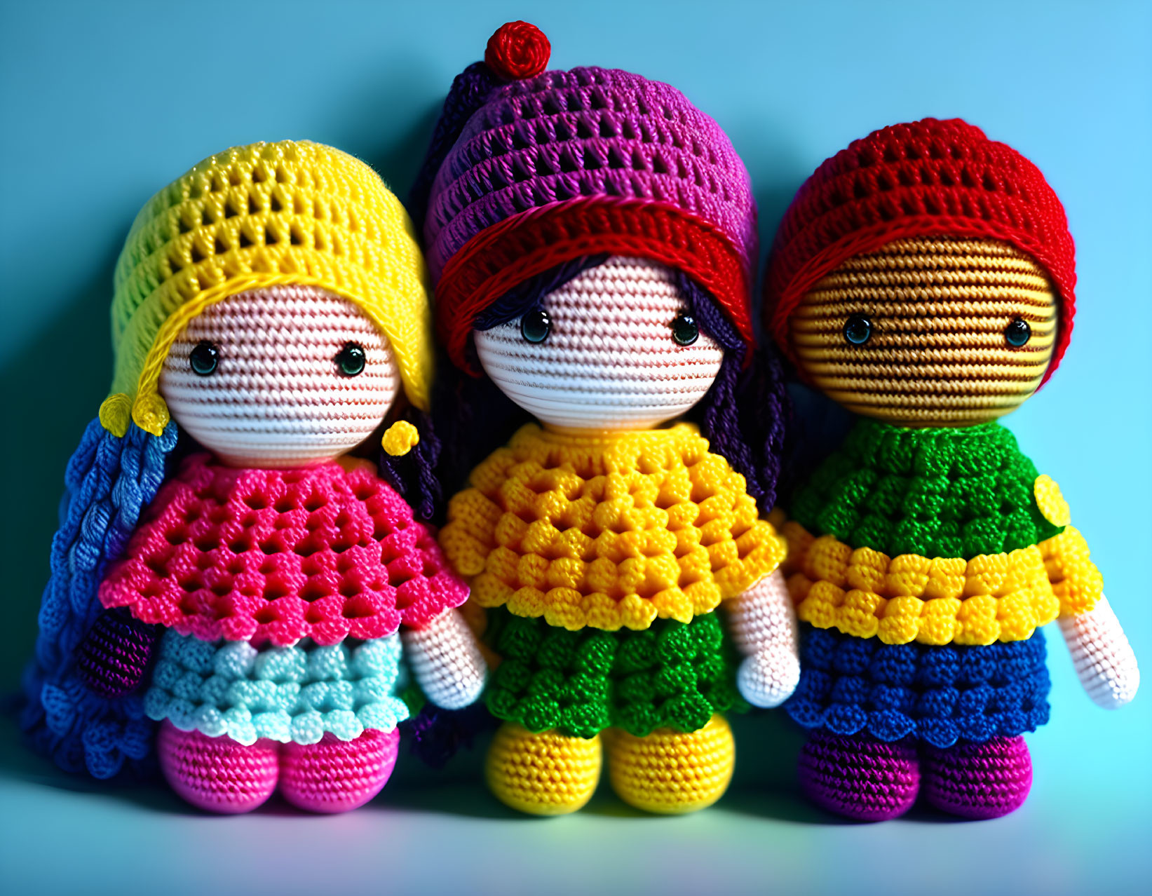 Colorful Crocheted Dolls with Bonnets and Dresses on Blue Background