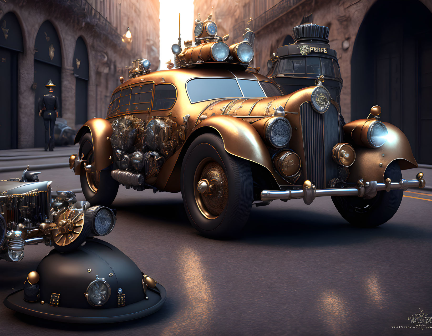 Vintage Golden Police Car with Futuristic Modifications and Robotic Police Helmet