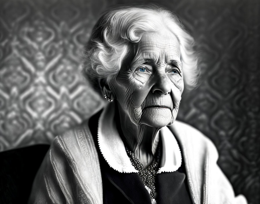 Elderly woman with white hair and deep wrinkles against ornate background