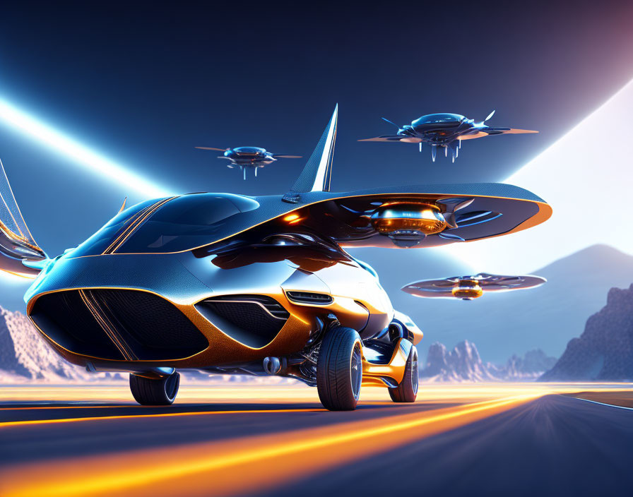 Futuristic flying cars with propellers on sleek highway at twilight