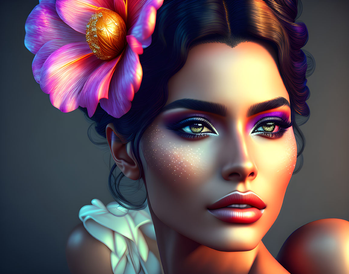 Vibrant makeup woman with pink flower and freckles on dark background