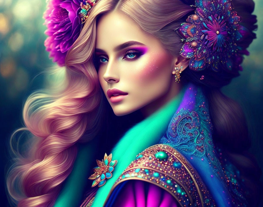 Woman with Long Wavy Hair in Colorful Makeup and Embellished Cloak