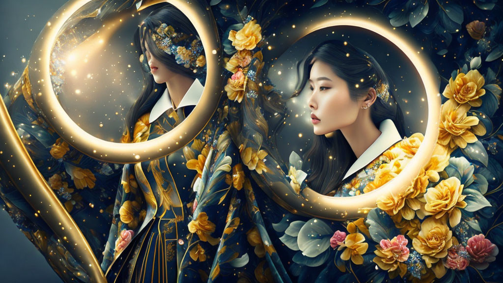 Ethereal artwork of woman with mirrored images, glowing rings, yellow flowers