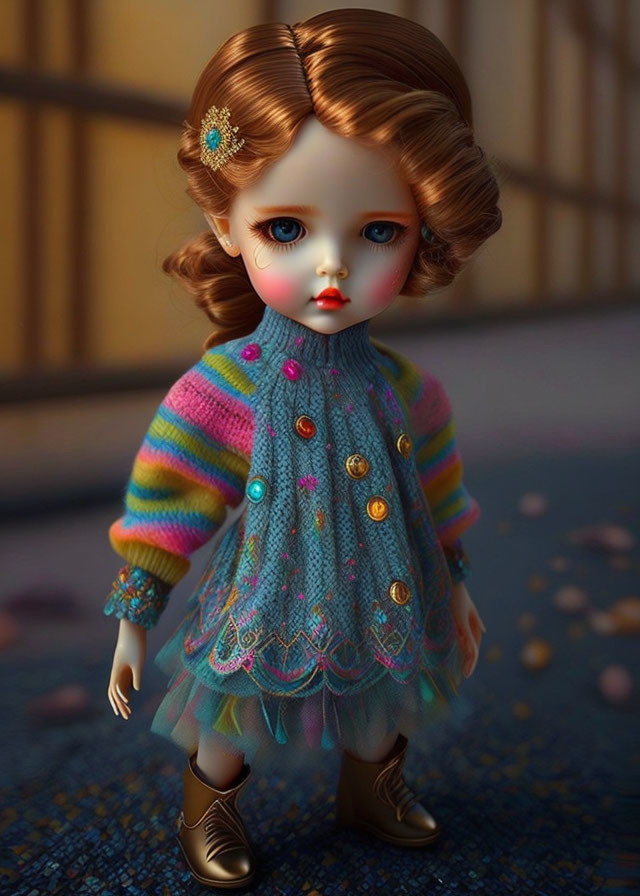 Porcelain doll with blue eyes in colorful outfit on wooden floor