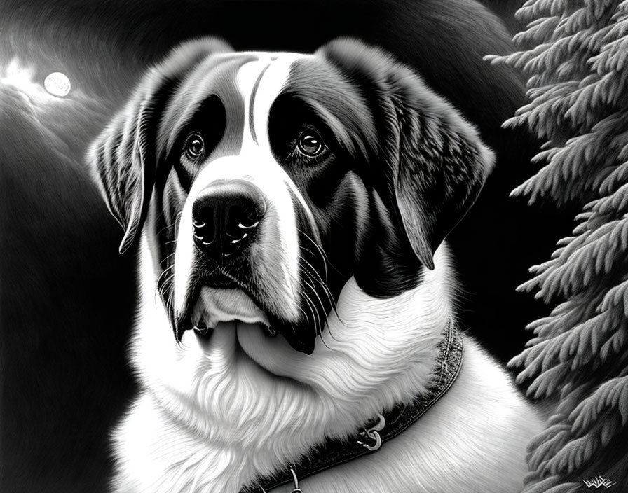 Saint Bernard dog illustration in black and white with collar, moon, and pine trees.