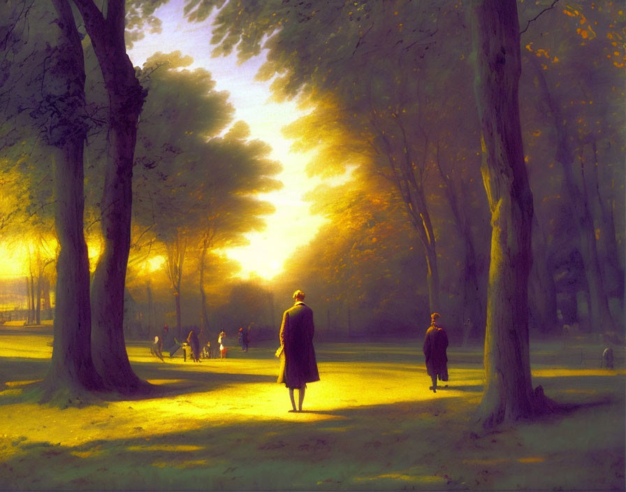 Sunset park scene with people walking under warm glowing light