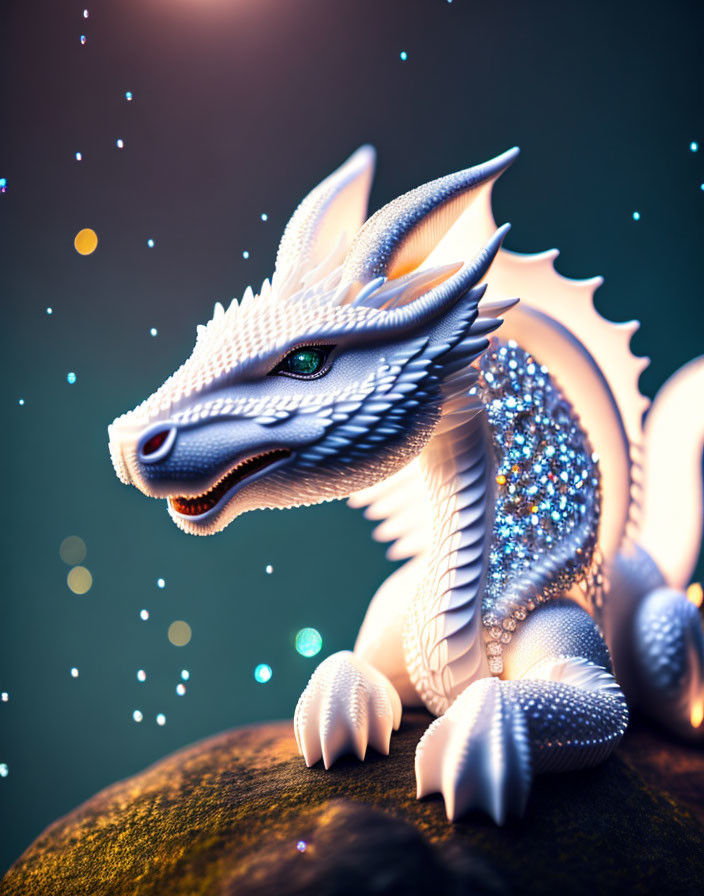 Detailed White Sparkling Dragon on Rock with Starry Background