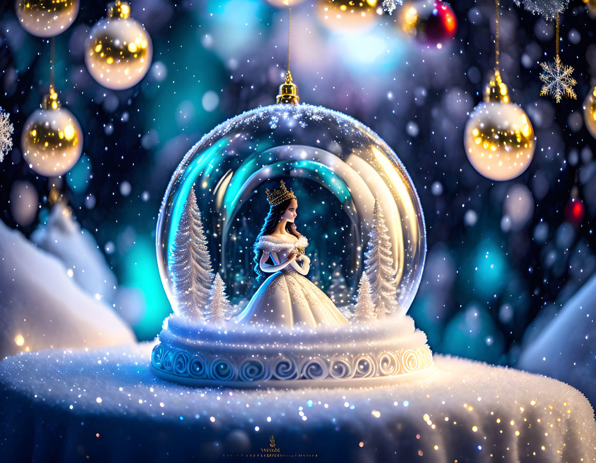 Snow Globe with Angel Figurine on Snowy Surface with Gold Baubles