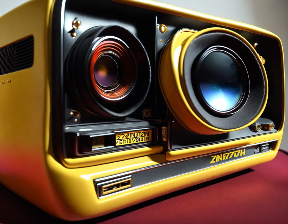 Vintage Yellow Boombox with Cassette Player on Red Background