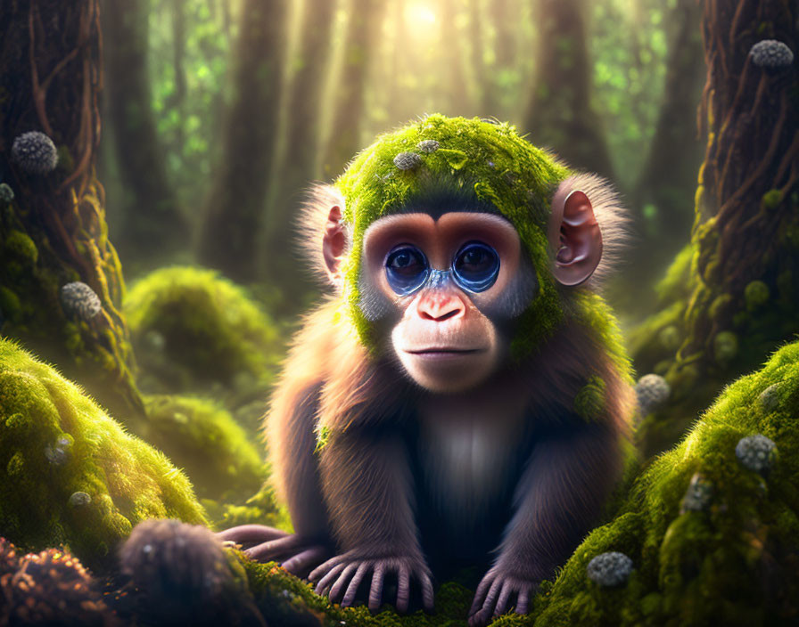 Digital Artwork: Baby Monkey with Human-Like Eyes in Enchanted Forest