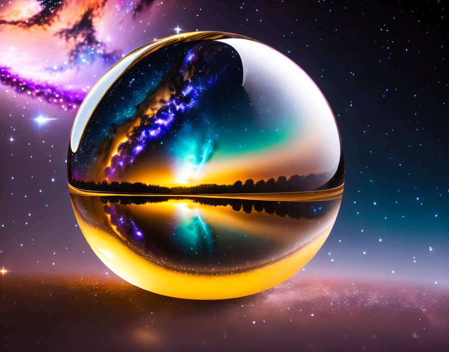 Reflective sphere in cosmic landscape with lake under starry night sky