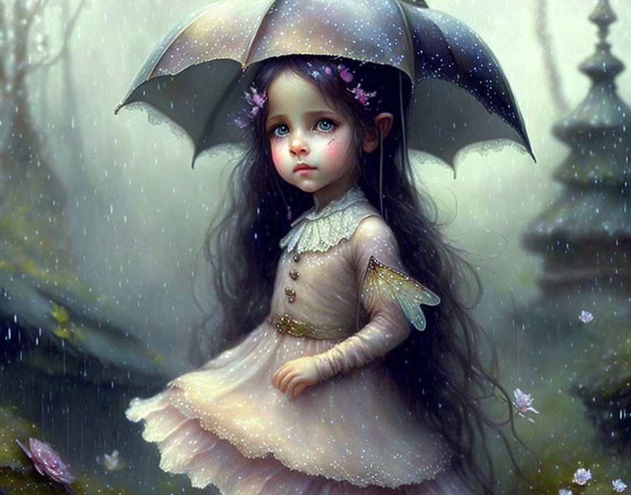 Digital artwork of young girl with big eyes in rainy, mystical garden