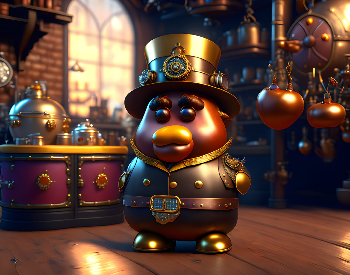 Steampunk-style animated cartoon bear with top hat, goggles, clock belly in gear-filled room.