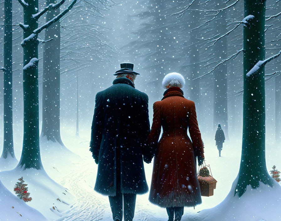 Winter forest scene: Couple hand in hand on snowy path