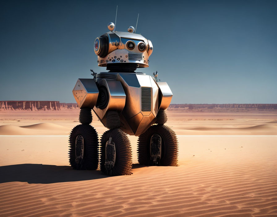 Futuristic robot with round head and camera eyes in desert landscape