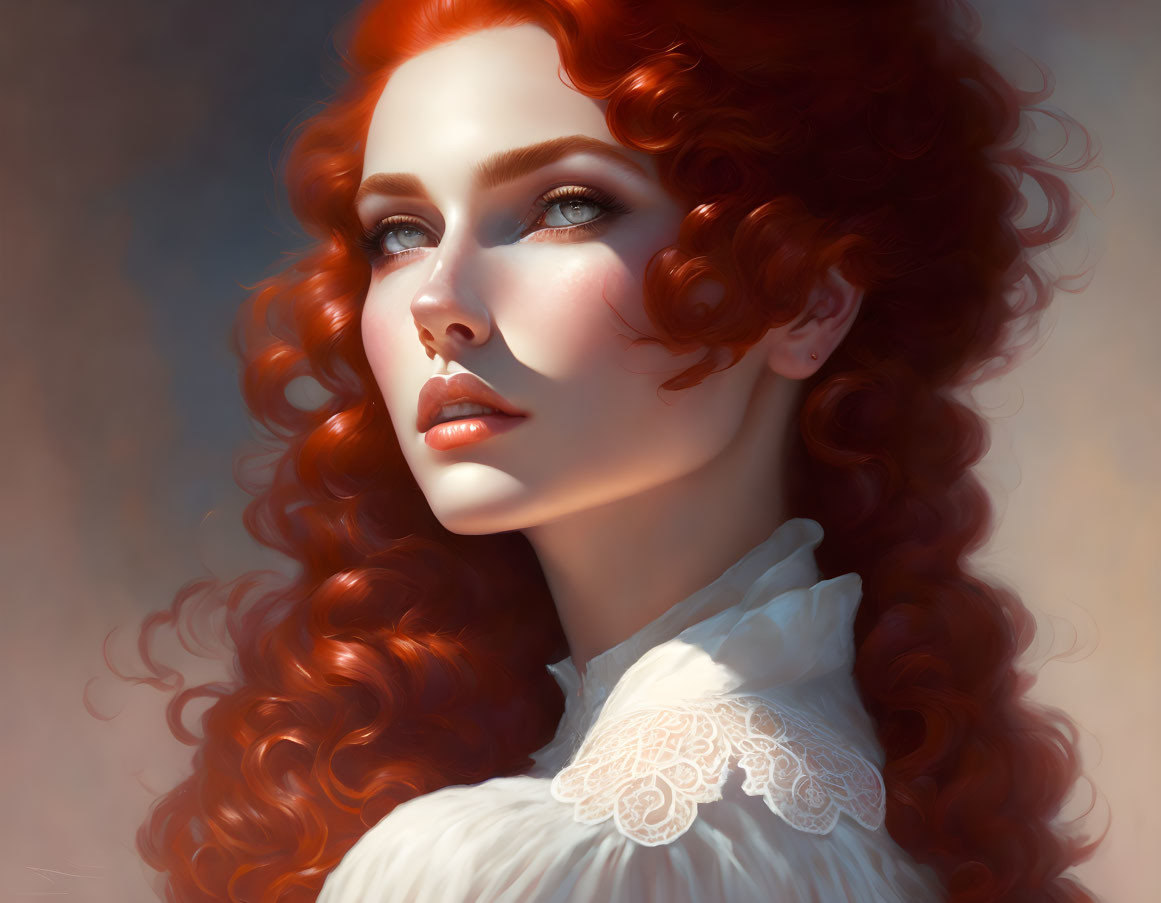 Portrait of woman with red curly hair, fair skin, blue eyes, and white lace collar.