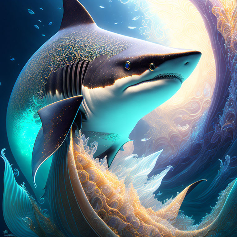 Colorful digital artwork: Two stylized sharks in intricate patterns swimming in luminous blue ocean