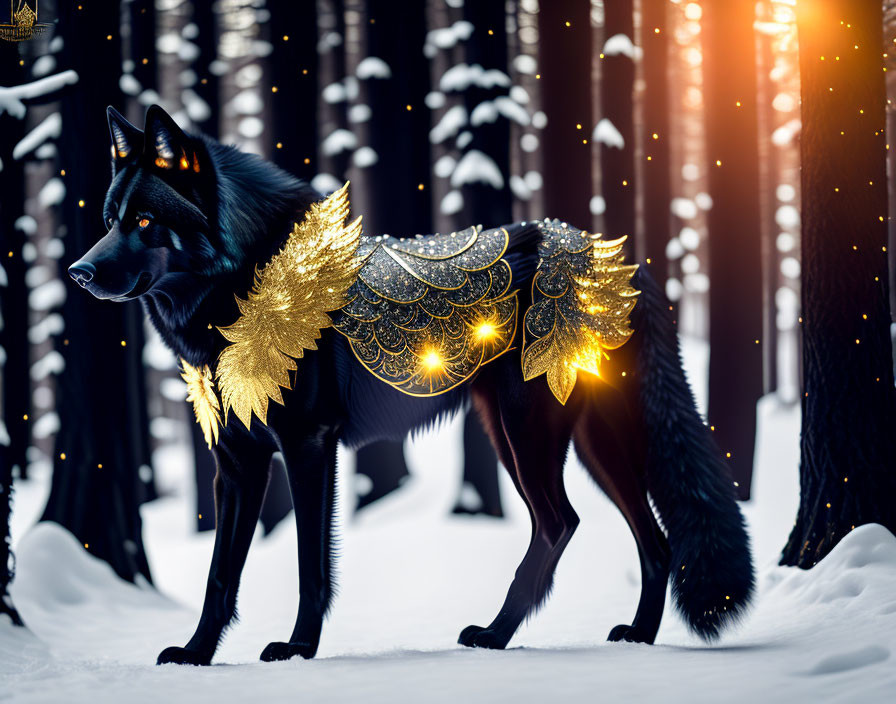 Black wolf with golden wing-like ornaments in snowy forest