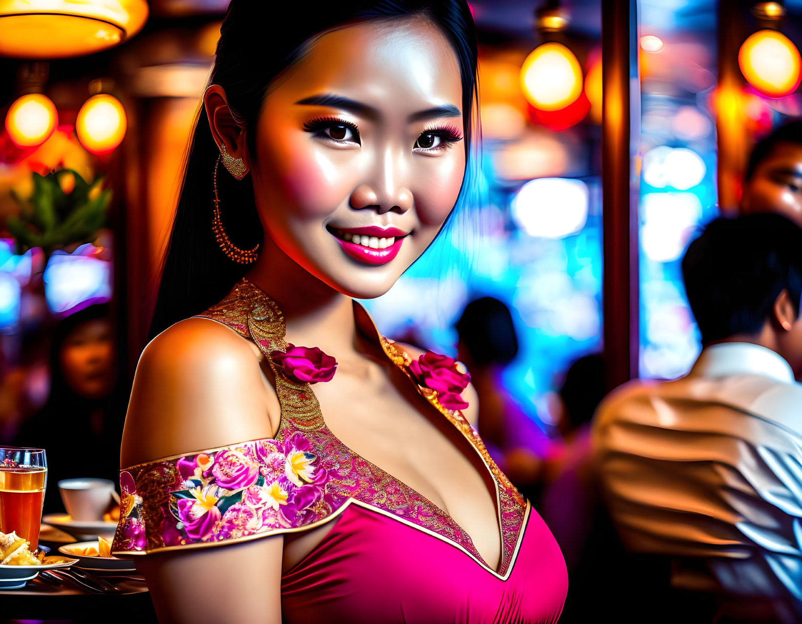 Smiling woman in pink traditional attire at vibrant social event