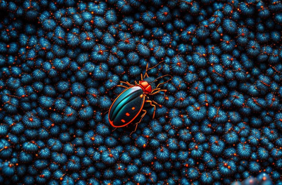 Colorful Beetle on Textured Surface with Blue Dots and Black Accents